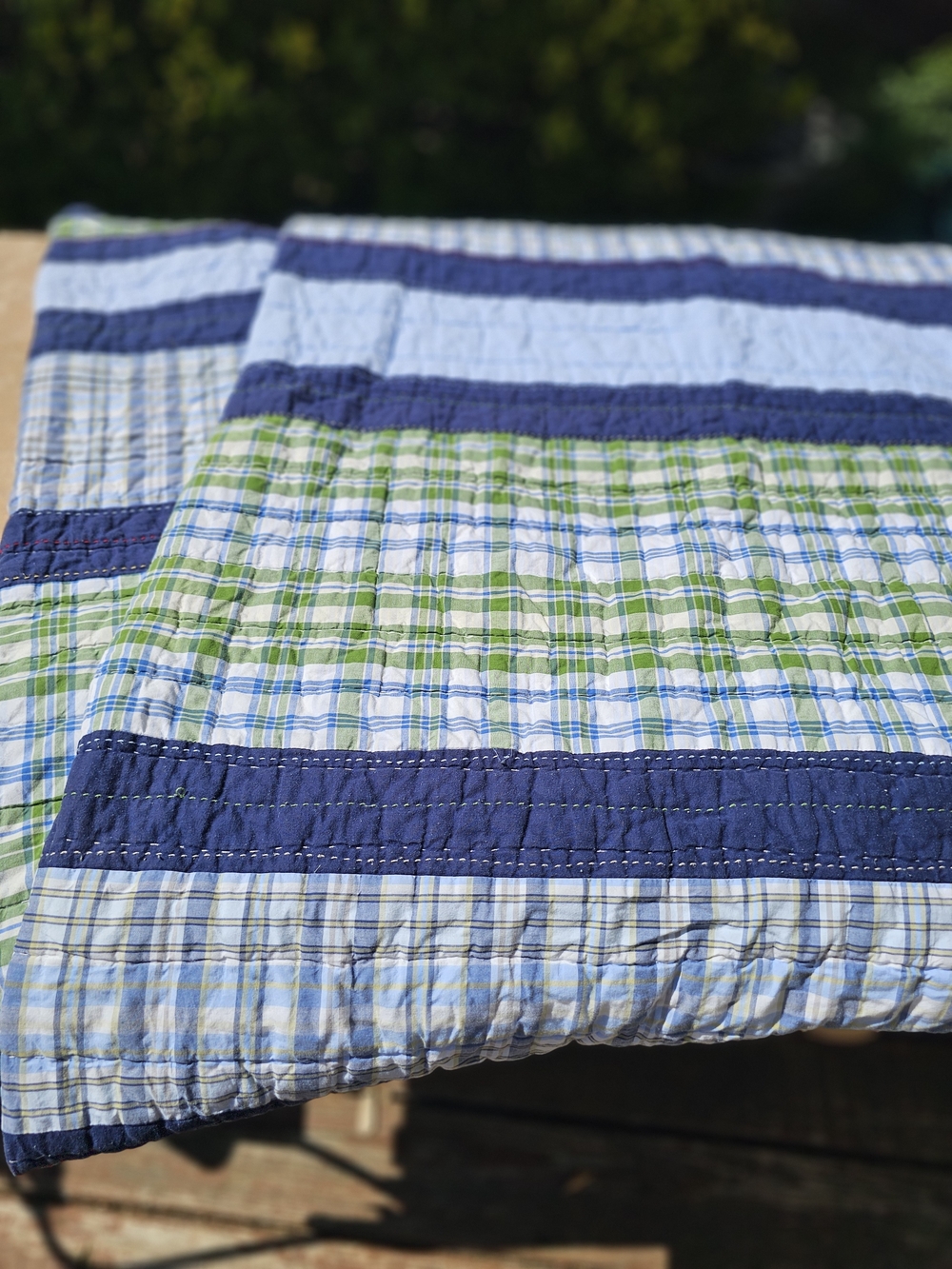 Pottery Barn Kids Blue, Navy & Green Plaid Cotton Quilt - Twin